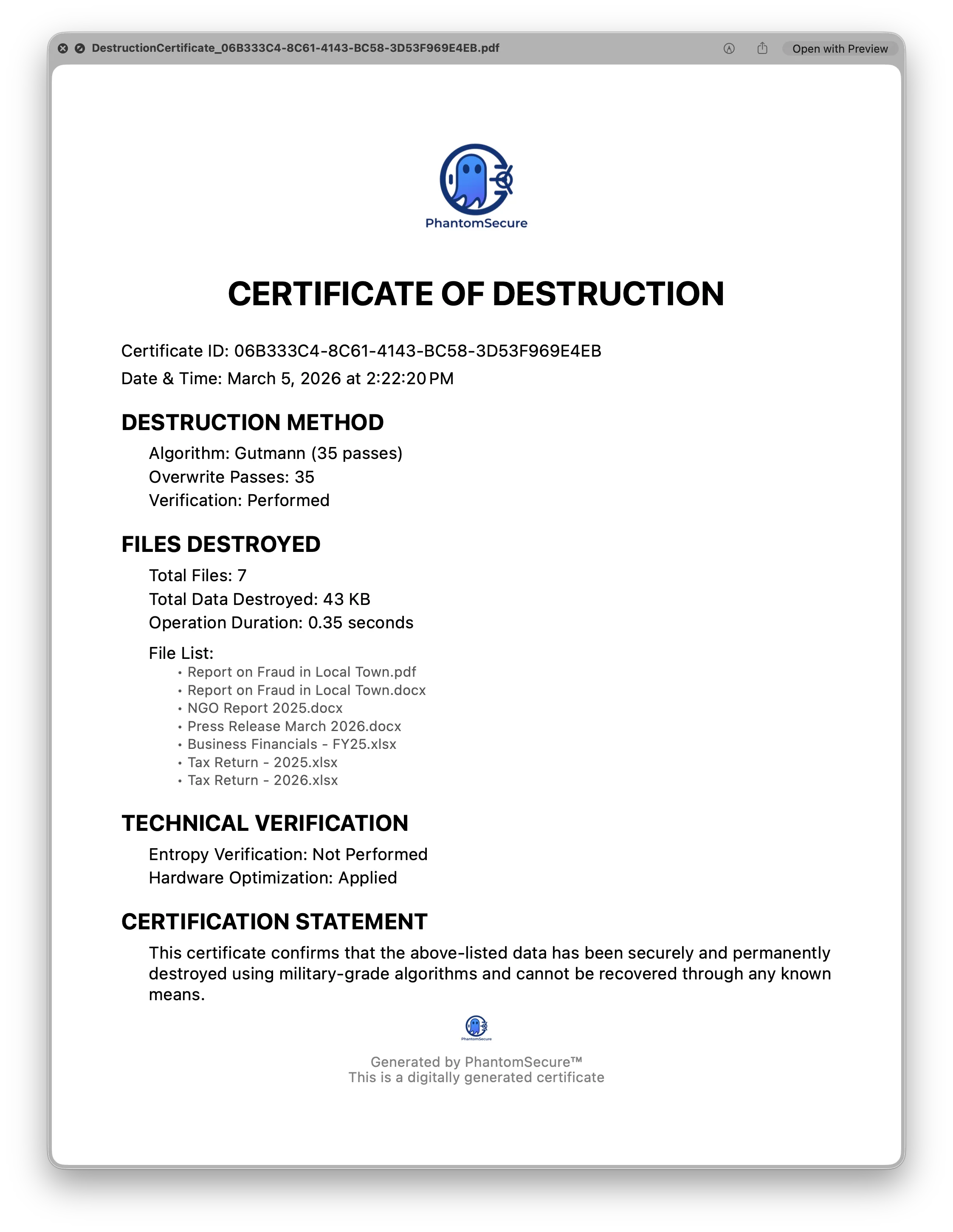 Development preview of a PhantomWipe outcome report