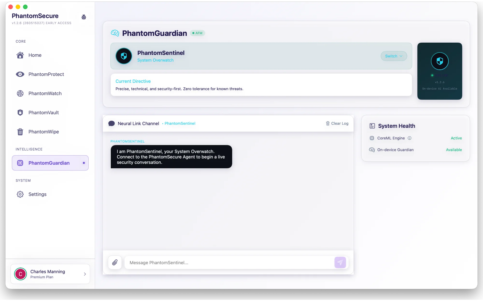 PhantomGuardian conversation area and system health panel.