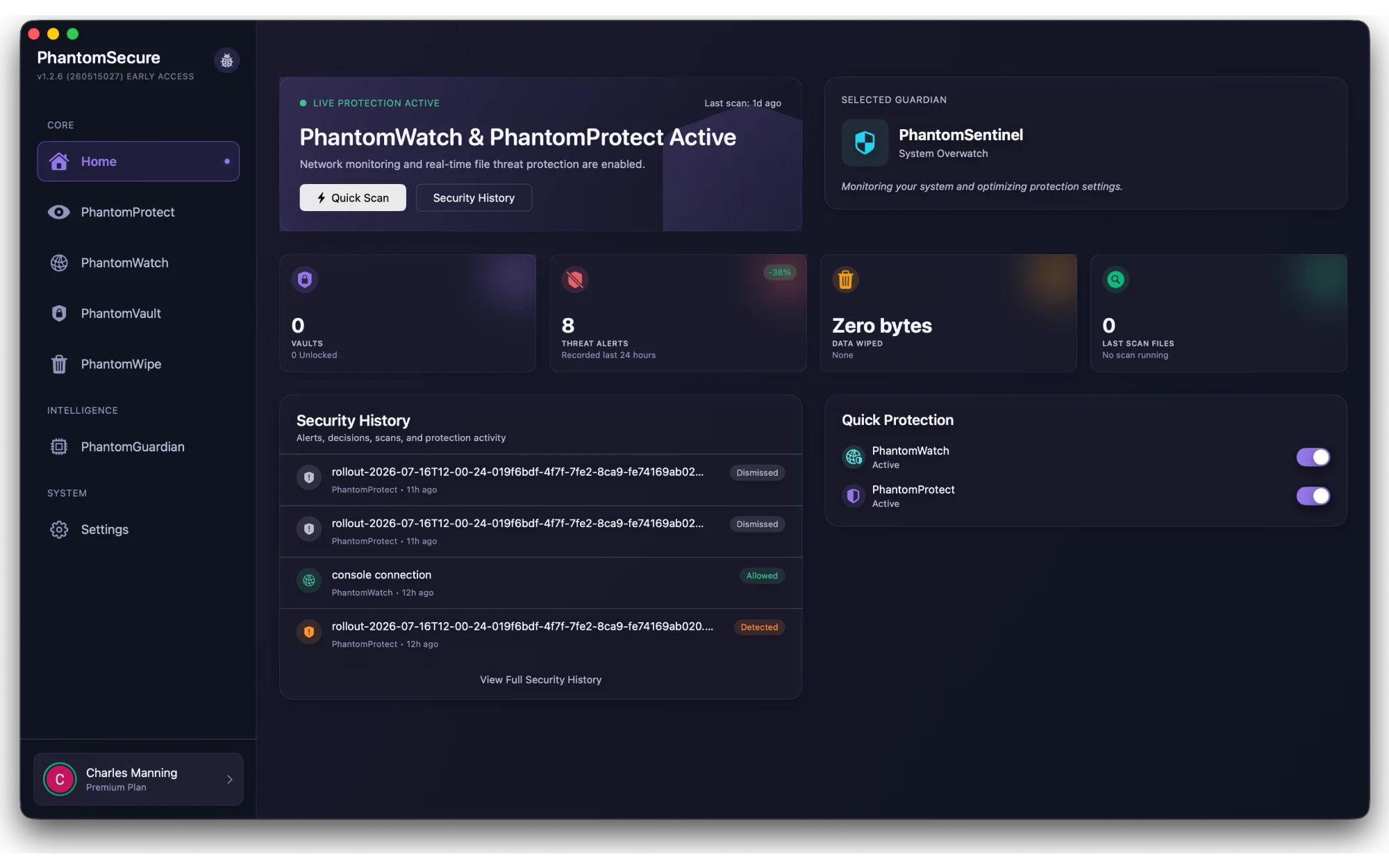 PhantomSecure app home dashboard