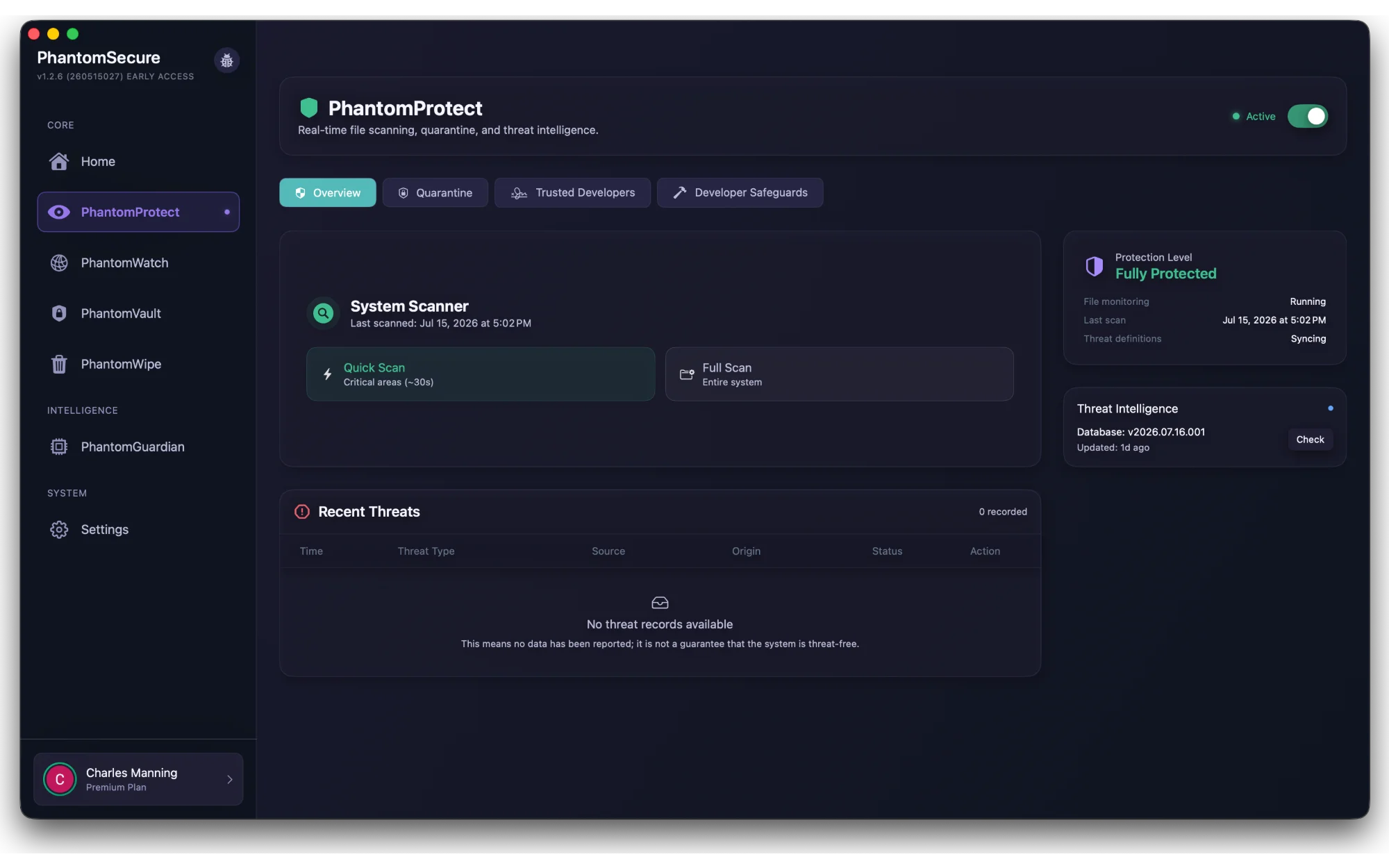 PhantomProtect scanning dashboard