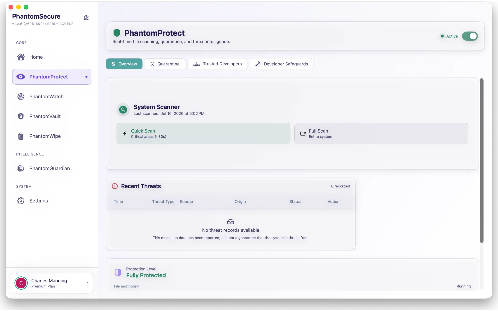 PhantomProtect development interface showing protection controls and recent activity