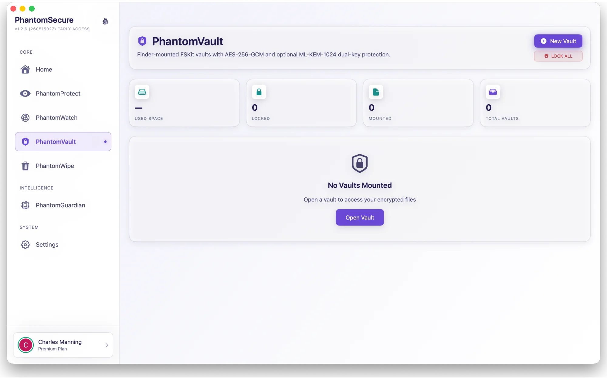 PhantomVault dashboard with no vaults mounted and controls to create or open a vault.