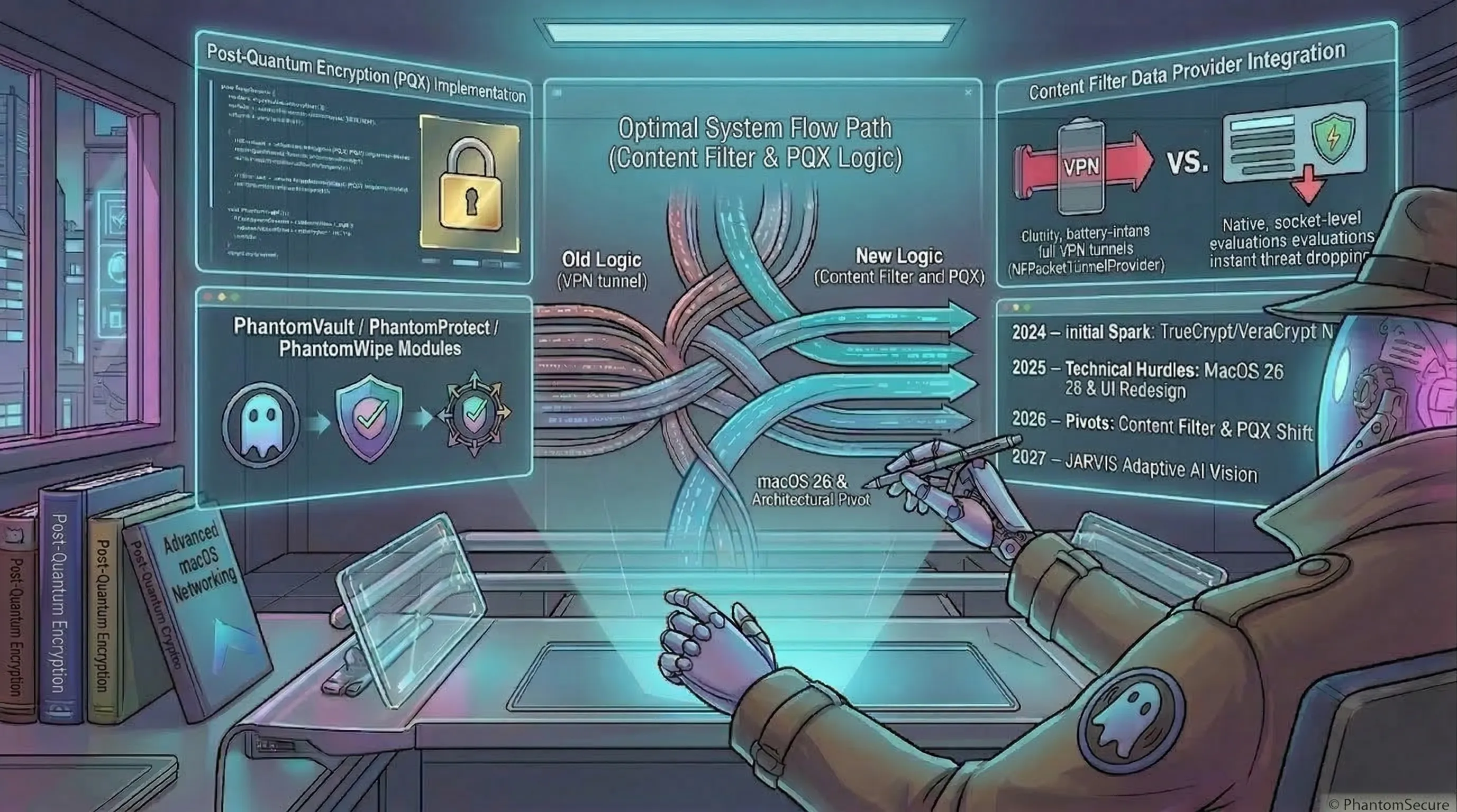 Illustration of the PhantomSecure mascot analyzing macOS network architecture, comparing legacy VPN tunnels to modern Content Filters and PQX encryption.